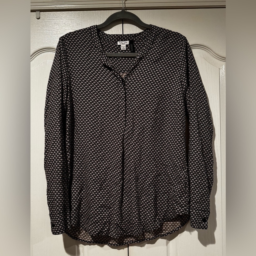 Splendid Black and Gray Geometric Patterned Long Sleeve Blouse - Size S